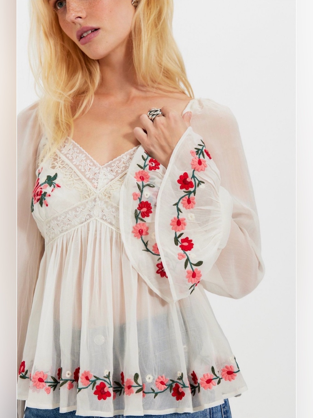 M Free People Sienna Ivory Embroidered Lace Boho Floral Blouse Top